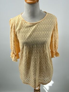 MNG Blouse Womens Large  Yellow Puff Sleeve Eyelet ,crochet  Shirt Top Casual